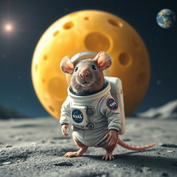 A cute rat dressed in an astronaut suit, standing on a surface with a cheese moon in the background