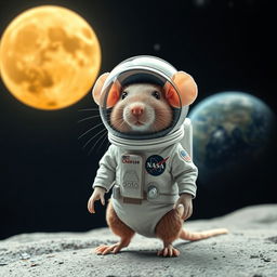 A cute rat dressed in an astronaut suit, standing on a surface with a cheese moon in the background