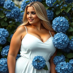 Cinematic photo of a curvy woman in a white spaghetti strap dress, captured in a 3/4 shot, showcasing her gorgeous eyes and flawless skin