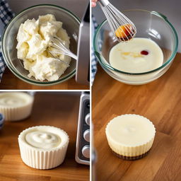 A detailed image sequence of making a smooth and creamy vanilla-stevia cheesecake in a microwave