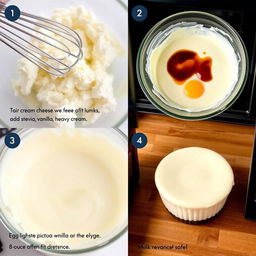 A detailed image sequence of making a smooth and creamy vanilla-stevia cheesecake in a microwave