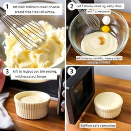 A detailed image sequence of making a smooth and creamy vanilla-stevia cheesecake in a microwave