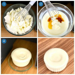 A detailed image sequence of making a smooth and creamy vanilla-stevia cheesecake in a microwave