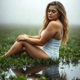 HDR photo of a curvy woman with long blonde hair, eyes closed, wearing a clinging white tank top and underwear, sitting gracefully in a grass field during the rain