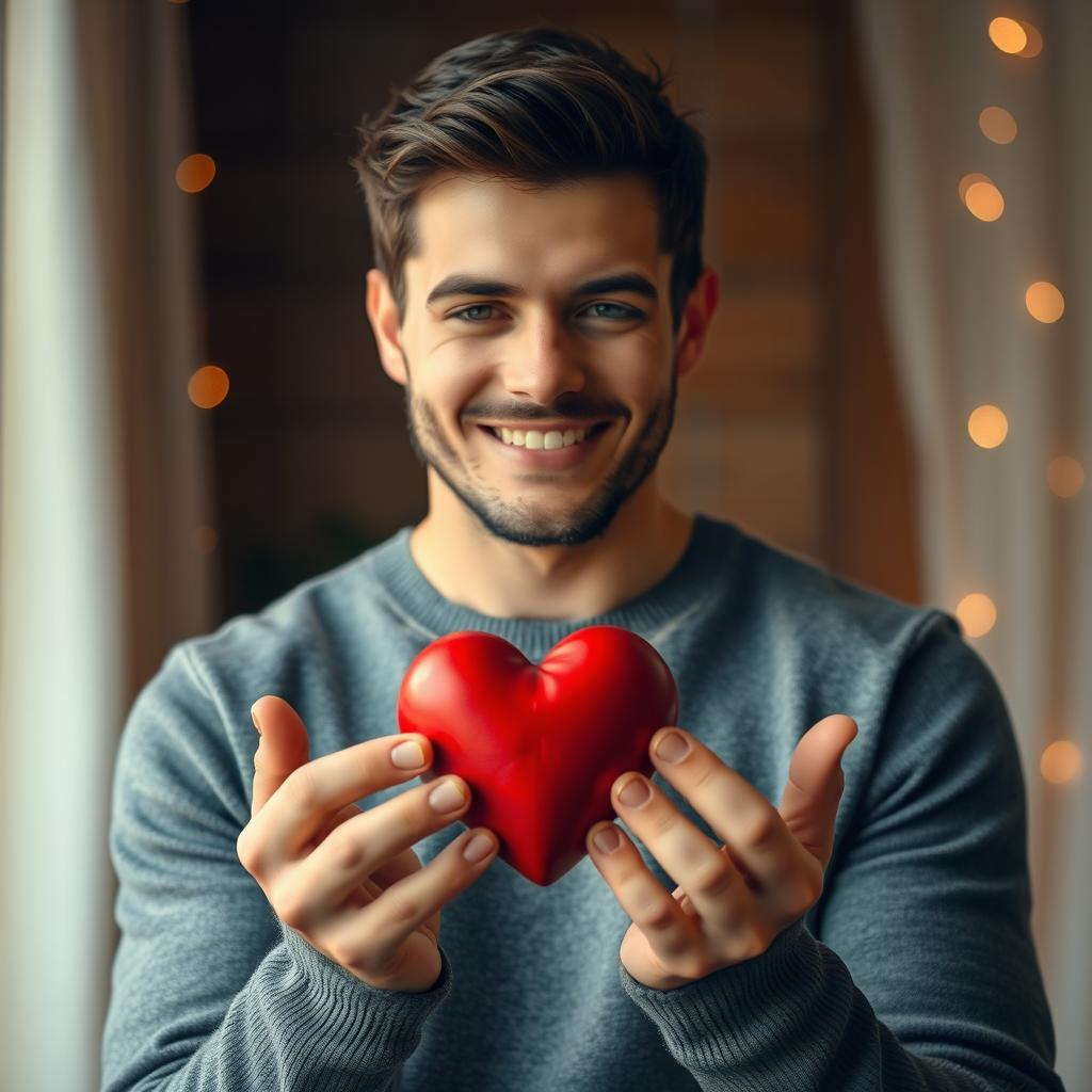 A handsome man holding a heart gently in his hands, with a warm smile on his face