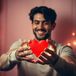 A handsome man holding a heart gently in his hands, with a warm smile on his face