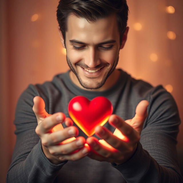 A handsome man holding a heart gently in his hands, with a warm smile on his face