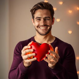 A handsome man holding a heart gently in his hands, with a warm smile on his face