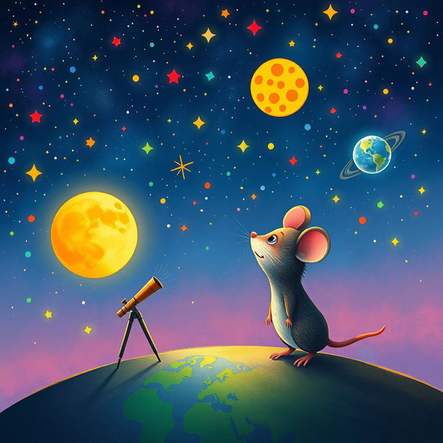 A whimsical scene illustrating Tico, the curious little mouse, gazing with wonder at a vibrant dream of space travel