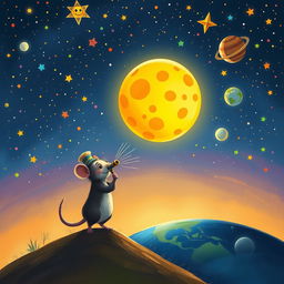 A whimsical scene illustrating Tico, the curious little mouse, gazing with wonder at a vibrant dream of space travel