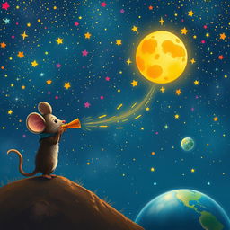 A whimsical scene illustrating Tico, the curious little mouse, gazing with wonder at a vibrant dream of space travel