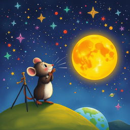 A whimsical scene illustrating Tico, the curious little mouse, gazing with wonder at a vibrant dream of space travel