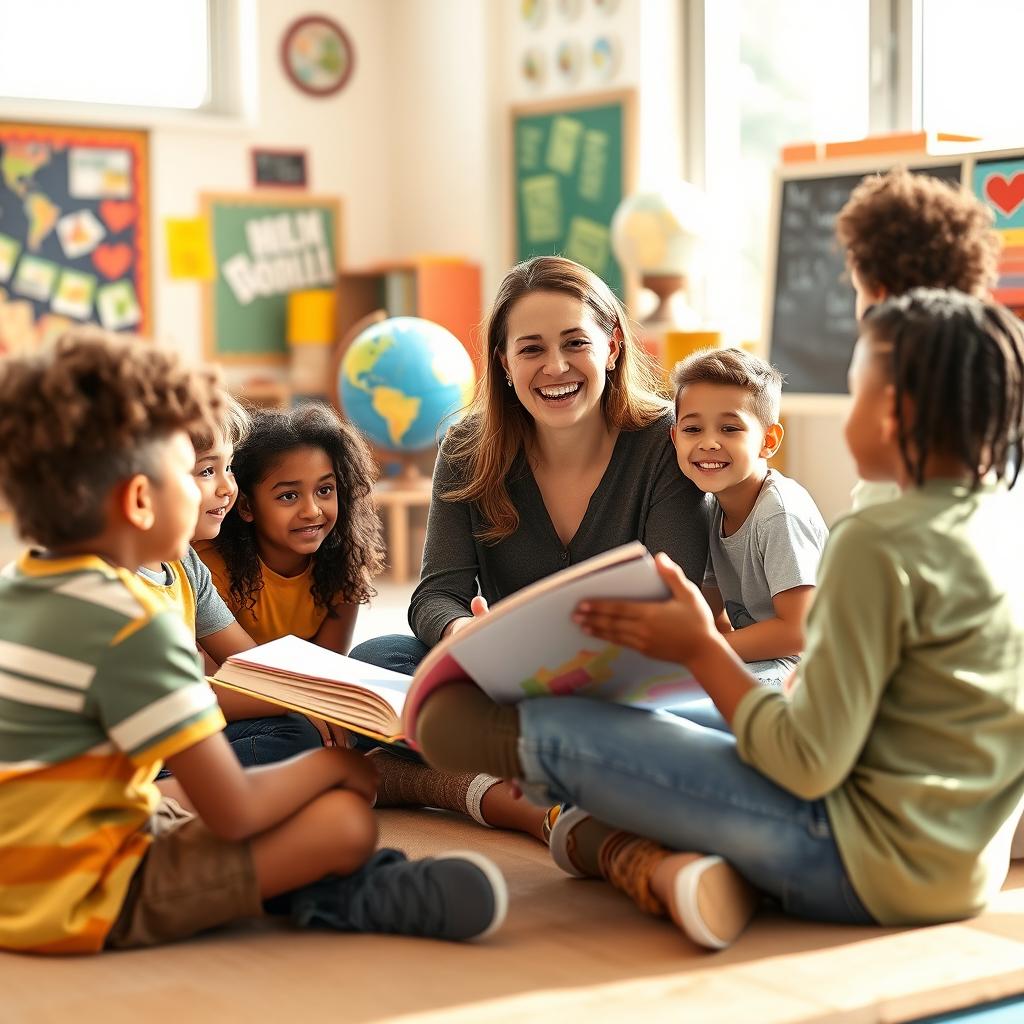 A cheerful and friendly teacher engaging with her diverse group of students in a bright, colorful classroom