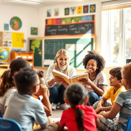 A cheerful and friendly teacher engaging with her diverse group of students in a bright, colorful classroom