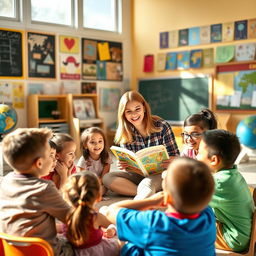 A cheerful and friendly teacher engaging with her diverse group of students in a bright, colorful classroom