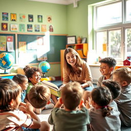 A cheerful and friendly teacher engaging with her diverse group of students in a bright, colorful classroom