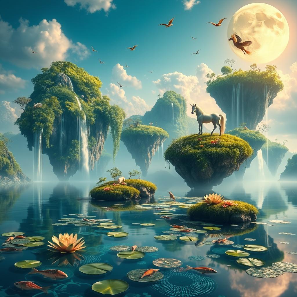 a surreal landscape with floating islands covered in vibrant greenery, waterfalls cascading into the sky, and ethereal creatures flying around