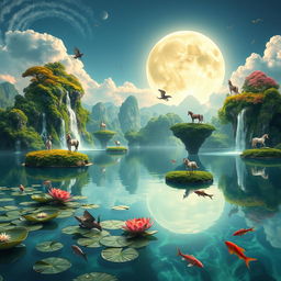 a surreal landscape with floating islands covered in vibrant greenery, waterfalls cascading into the sky, and ethereal creatures flying around