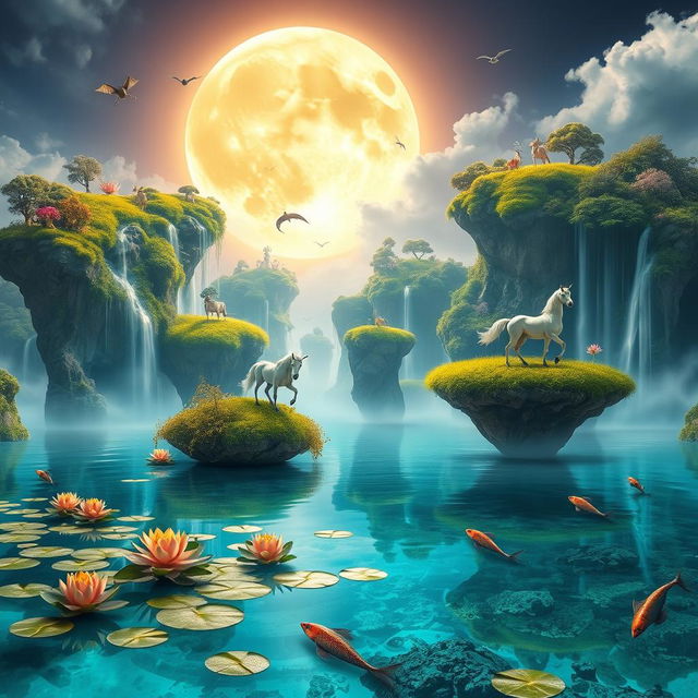 a surreal landscape with floating islands covered in vibrant greenery, waterfalls cascading into the sky, and ethereal creatures flying around