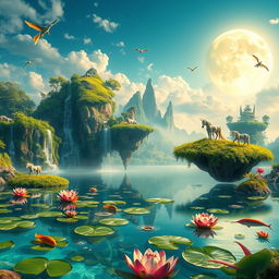 a surreal landscape with floating islands covered in vibrant greenery, waterfalls cascading into the sky, and ethereal creatures flying around