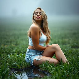 HDR photo of a curvy woman with long blonde hair, eyes closed, wearing a clinging white tank top and light blue wash ripped denim shorts, sitting elegantly in a grass field during the rain