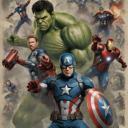 Detailed poster of the Avengers featuring characters like Iron Man, Captain America, Hulk, and Thor in classic comic book style