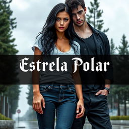 A book cover for 'Estrela Polar', set in a rainy, cloudy city