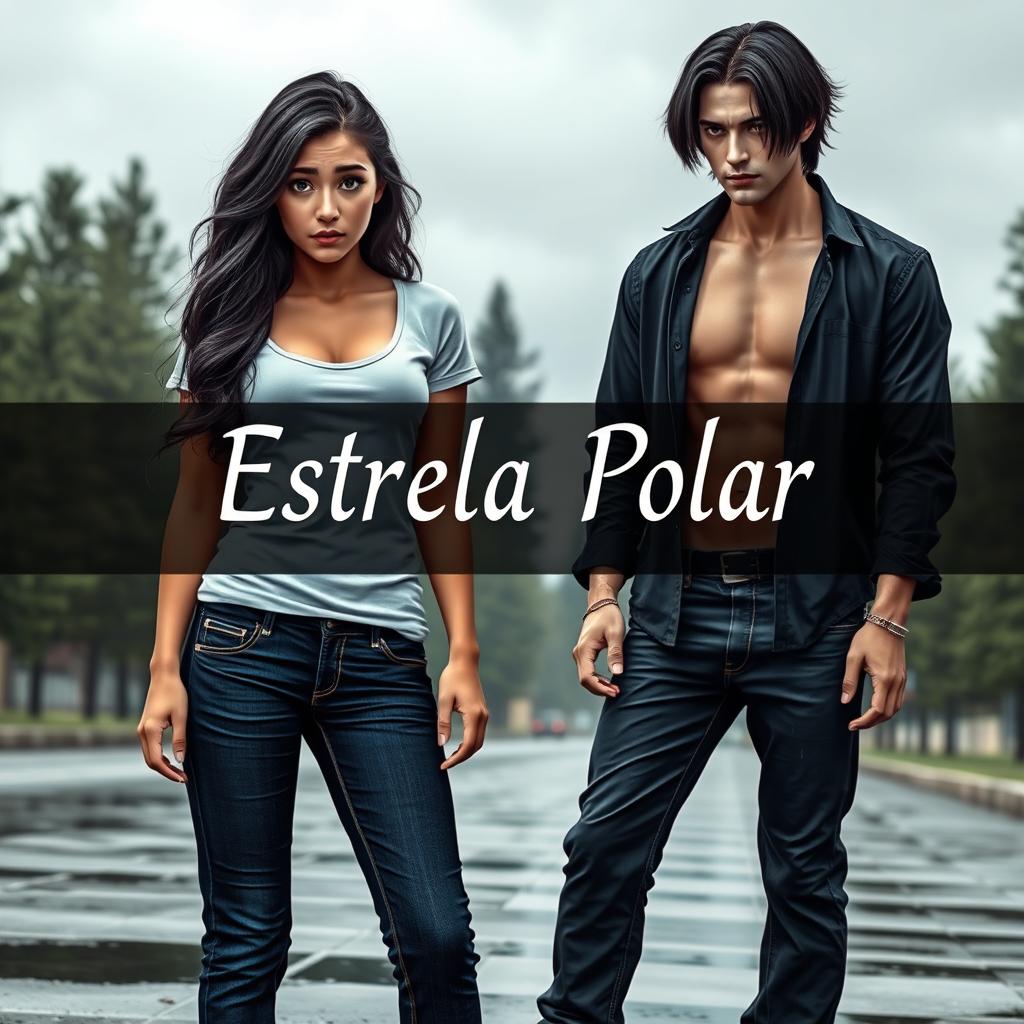 A book cover for 'Estrela Polar', set in a rainy, cloudy city