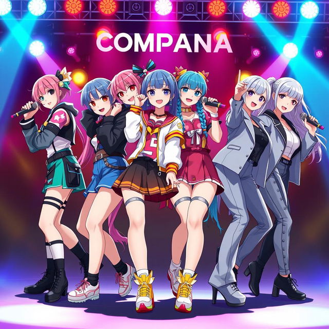 A vibrant scene of a K-pop-inspired anime girl band named "Compañía 6"