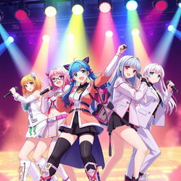 A vibrant scene of a K-pop-inspired anime girl band named "Compañía 6"