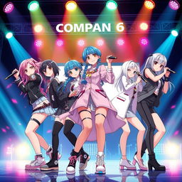 A vibrant scene of a K-pop-inspired anime girl band named "Compañía 6"