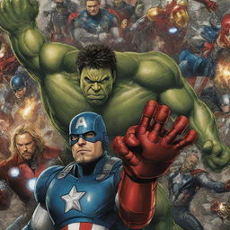 Detailed poster of the Avengers featuring characters like Iron Man, Captain America, Hulk, and Thor in classic comic book style