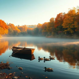 Hyper-realistic landscape of a serene lake surrounded by vibrant autumn trees, with the morning sun casting golden reflections on the water