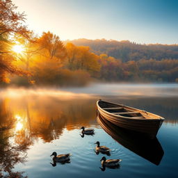 Hyper-realistic landscape of a serene lake surrounded by vibrant autumn trees, with the morning sun casting golden reflections on the water