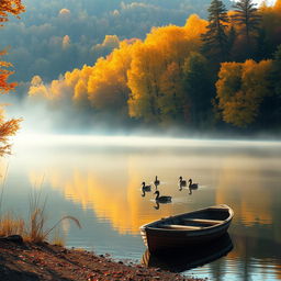 Hyper-realistic landscape of a serene lake surrounded by vibrant autumn trees, with the morning sun casting golden reflections on the water