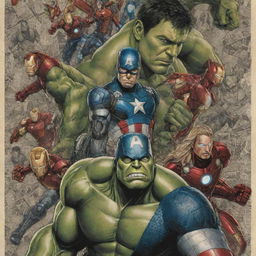 Detailed poster of the Avengers featuring characters like Iron Man, Captain America, Hulk, and Thor in classic comic book style