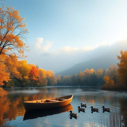 Hyper-realistic landscape of a serene lake surrounded by vibrant autumn trees, with the morning sun casting golden reflections on the water