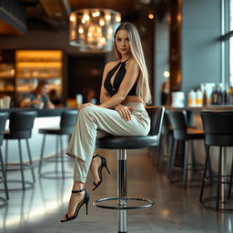 31-year-old woman with neck-long hair, sitting elegantly on a bar chair