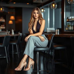 31-year-old woman with neck-long hair, sitting elegantly on a bar chair