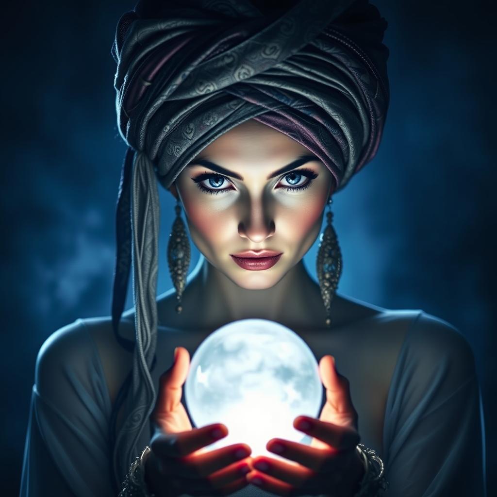 A mystical woman wearing an elegant turban, adorned with intricate patterns, and holding a shimmering crystal ball