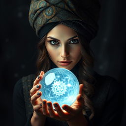 A mystical woman wearing an elegant turban, adorned with intricate patterns, and holding a shimmering crystal ball