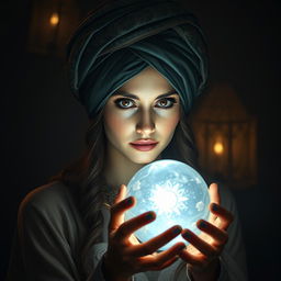 A mystical woman wearing an elegant turban, adorned with intricate patterns, and holding a shimmering crystal ball