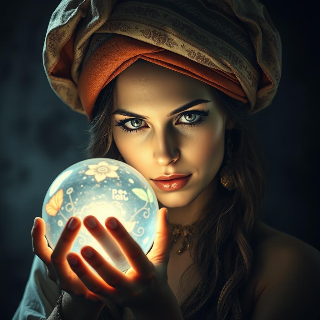 A mystical woman wearing an elegant turban, adorned with intricate patterns, and holding a shimmering crystal ball