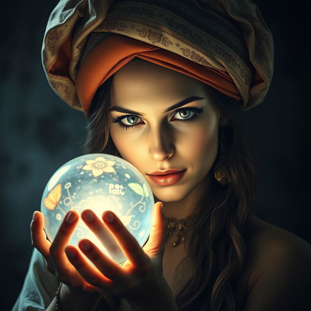 A mystical woman wearing an elegant turban, adorned with intricate patterns, and holding a shimmering crystal ball