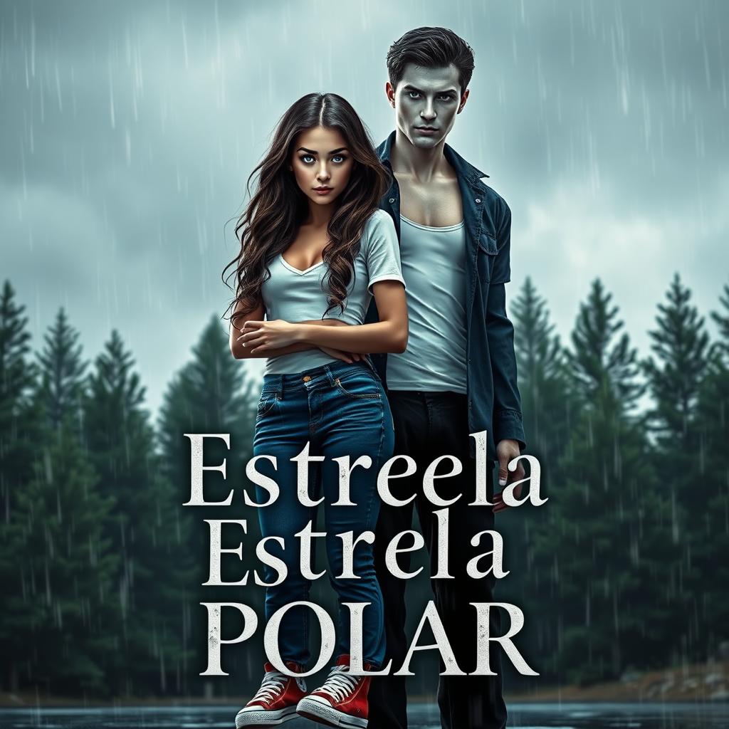 A book cover for 'Estrela Polar', depicting a rainy, cloudy city environment