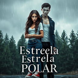 A book cover for 'Estrela Polar', depicting a rainy, cloudy city environment