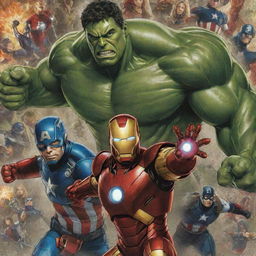 Detailed poster of the Avengers featuring characters like Iron Man, Captain America, Hulk, and Thor in classic comic book style