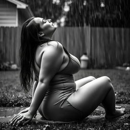 3/4 shot of a curvy woman in a black and white photograph, side view, sitting on the ground in her backyard during a rainstorm