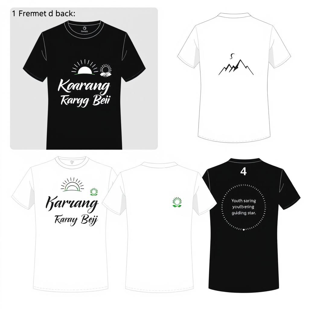 Five front and back T-shirt designs featuring the name "Karang Taruna Bina Karya Beji" with themes of youth and simplicity, available in black and white color options