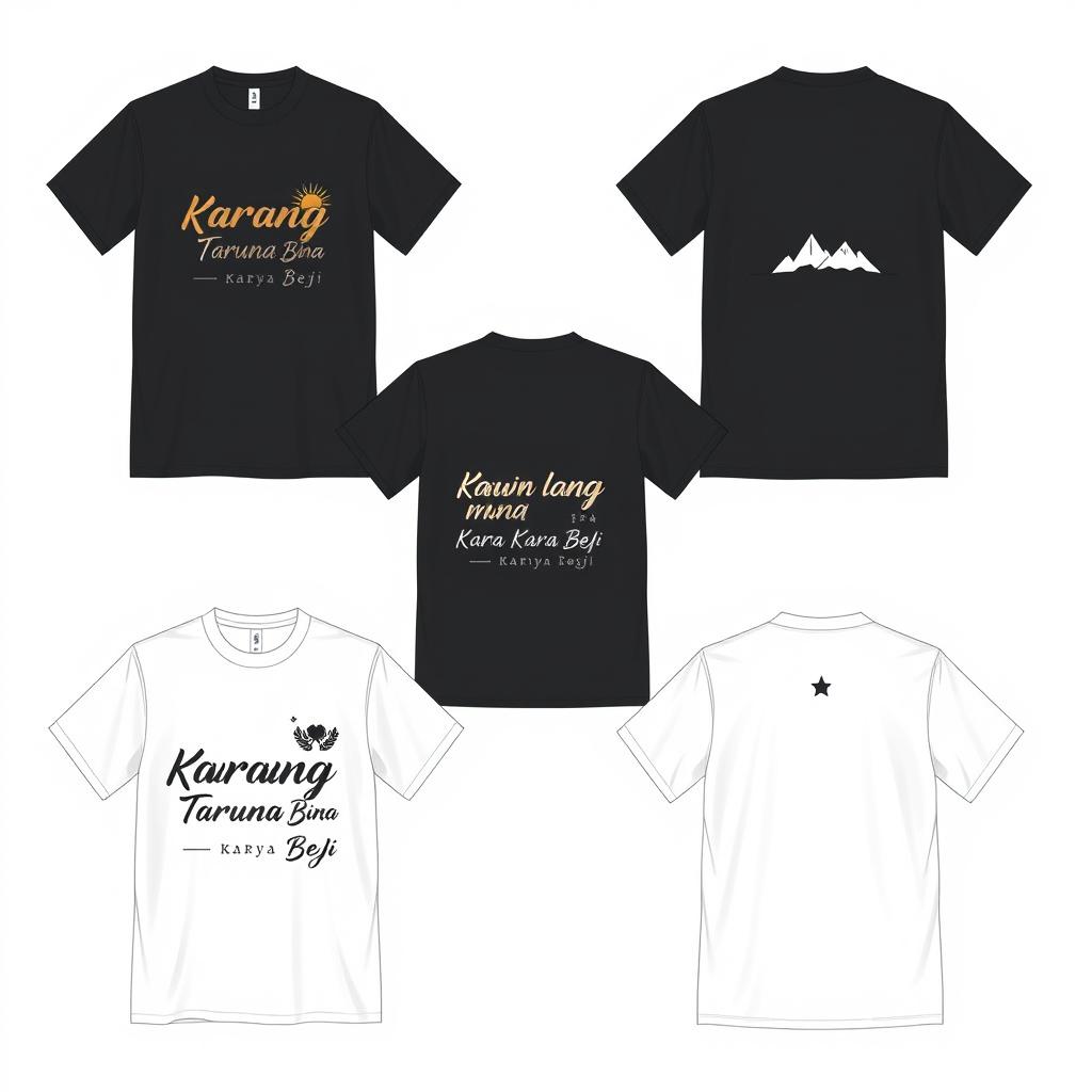 Five front and back T-shirt designs featuring the name "Karang Taruna Bina Karya Beji" with themes of youth and simplicity, available in black and white color options